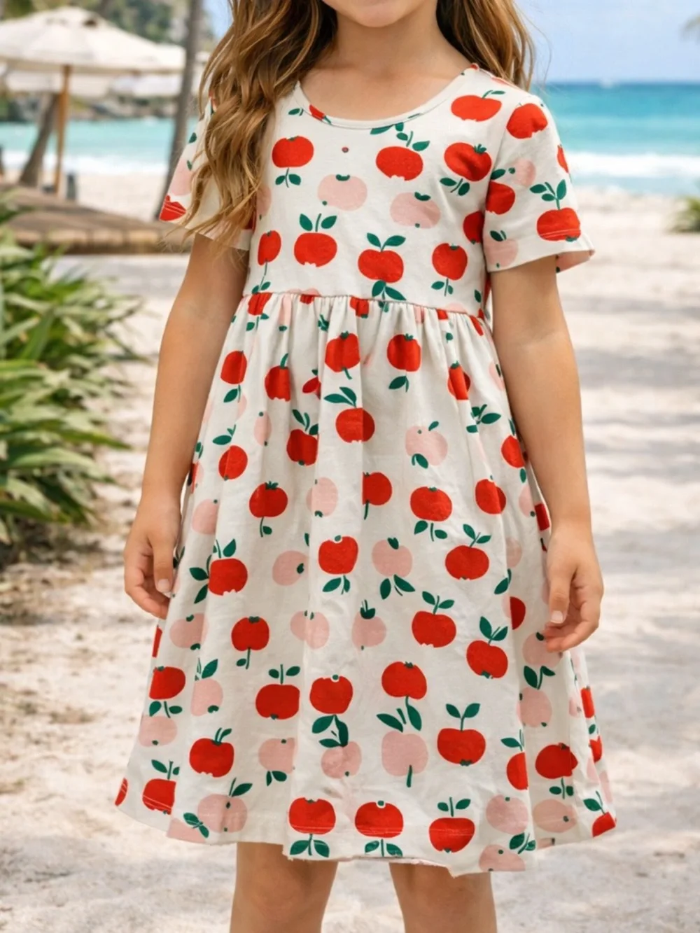 Hanna Andersson Girls White Skater Apple Print Dress Knee Length Organic Cotton - Picture 1 of 4